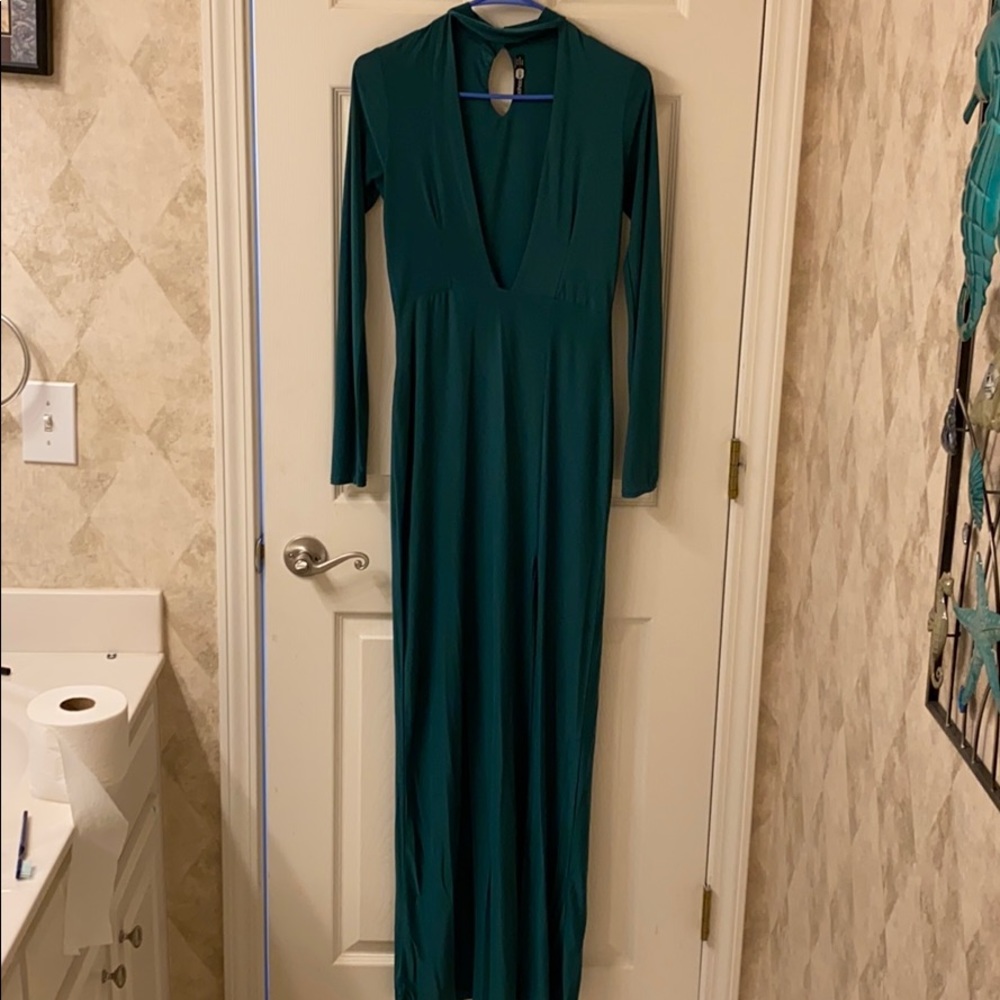 Green peephole evening dress